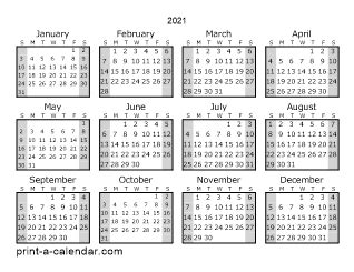 Select a blank monthly 2021 calendar, weekly calendar or daily calendar. 2021 one page yearly calendar with shaded weekends