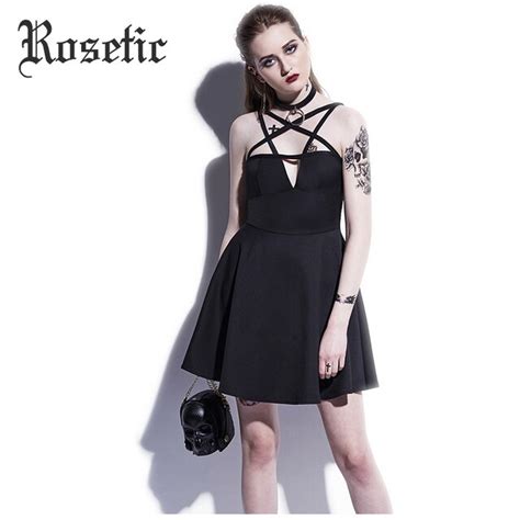 Rosetic Gothic Mini Dress Black Summer A Line Pentagram Straps Sexy Hollow Fashion Waist Slim
