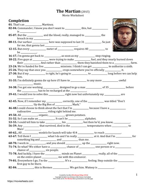 The Martian Movie Sheet With Key Movie Worksheet Created By Cuvelier
