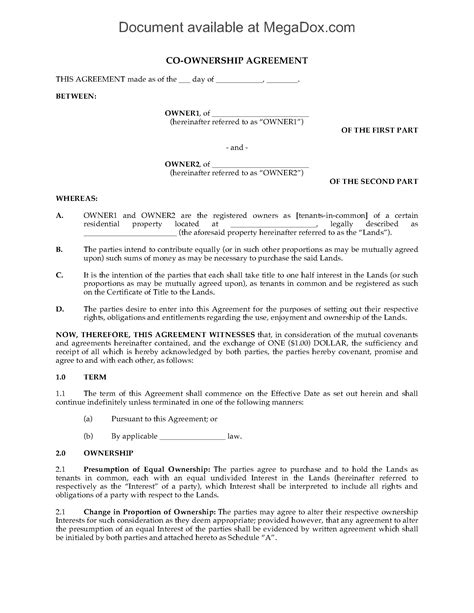 Land Co Ownership Agreement Legal Forms And Business Templates