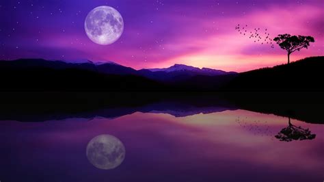 purple starry sky dusk full moon water reflection 4k hd vaporwave wallpapers hd wallpapers