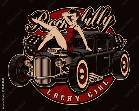 Vettoriale Stock Pin Up Girl With Classic Hot Rod Adobe Stock