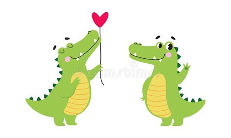 Cute Friendly Green Crocodiles Set Lovely Baby Alligators Cartoon