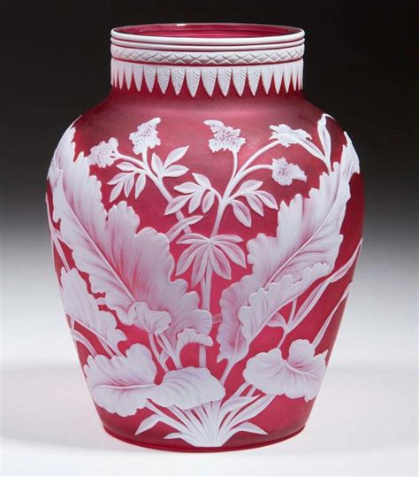 Stevens And Williams Cameo Glass Vase White To Red Urn Form Mullein Motif Foliate And