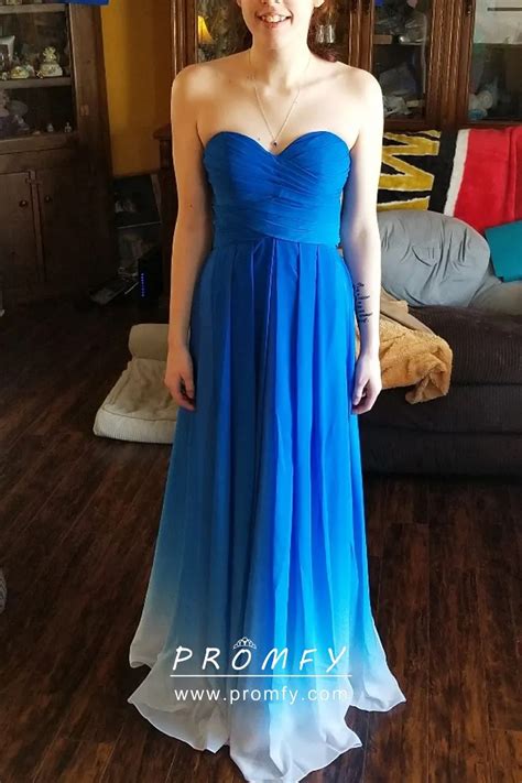 Blue To White Ombre Strapless Pleated Prom Dress Promfy