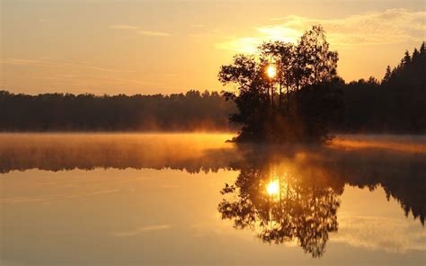 Sunrise Over The Lake Wallpaper 사진 자연 거울