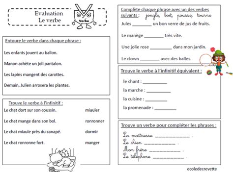 Evaluation Sur Le Verbe L Ecole De Crevette