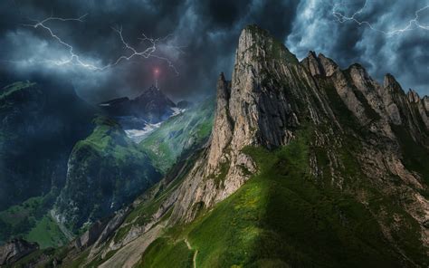 Mountains Lightning Nature Landscape Clouds Storm Path Electricity