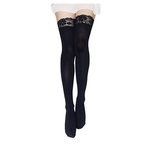 Funoc Sexy Women Lace Top Thick Opaque Thigh High Stockings Black At Amazon Women S Clothing