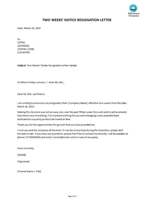 two weeks notice printable resignation letter template printable templates