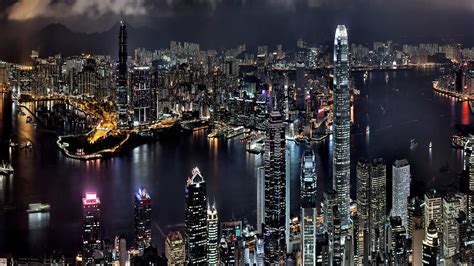 Asia City Hong Kong In China Look At Night Bay Boats Buildings