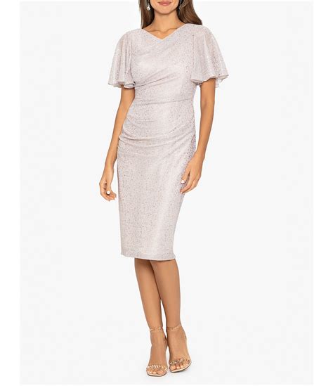 Betsy Adam Metallic V Neckline Short Flutter Sleeve Sheath Dress