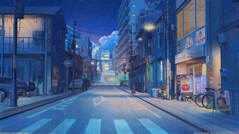Wallpaper Scenery Night Stars Buildings Road Anime Street