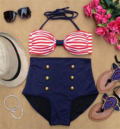 Swimwear Sailor Bikini Vintage Retro Striped Bikini Blue Red