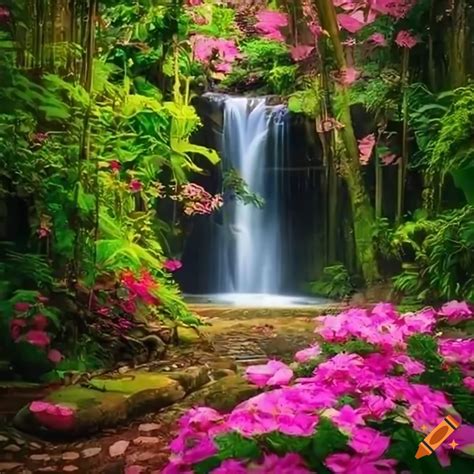 Jungle Path With Waterfall And Pink Flowers