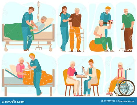 Elderly People In Nursing Home Medical Staff Takes Care Of Seniors