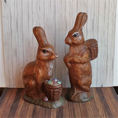 Vintage Ceramic Easter Bunny Rabbit Figurine Set Of 2 Brown Figure With