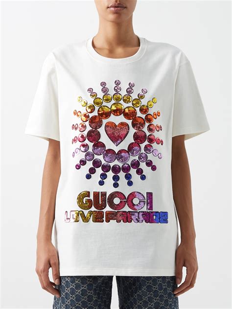 White Gucci Love Parade Sequinned Cotton T Shirt Gucci