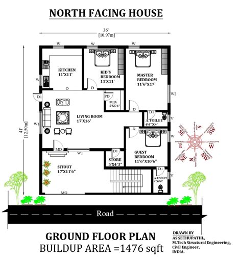 Affordable basic 3bhk home design at 1300 sq.ft. 36'X41' Wonderful North facing 3bhk Furniture house plan ...