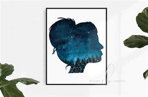 Printed Night Sky Watercolor Painting Woman Silhouette