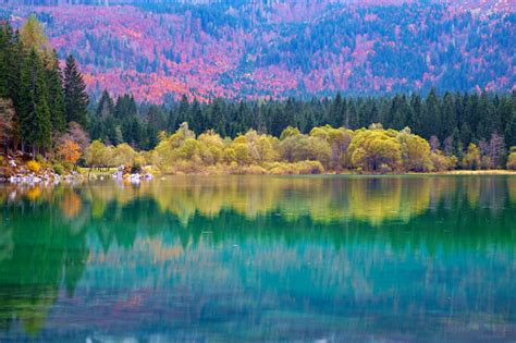 Beautiful Lago Di Fusine Mountain Lake In Autumn And Mangart Mountain