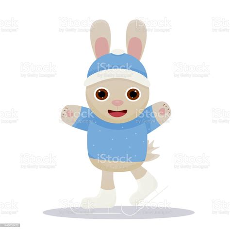 Vector Cute Rabbit Skating Illustration On White Background Winter