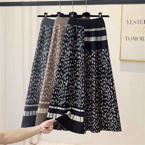 Tigena Knitted Long Skirt For Women Autumn Winter Vintage Leopard
