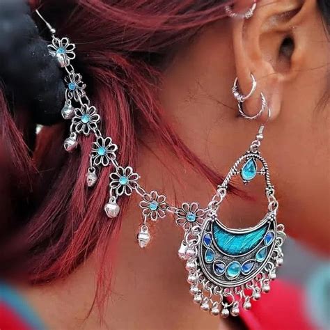 Blue Stone Earring With Hair Extension Cute Ear Piercings Stone