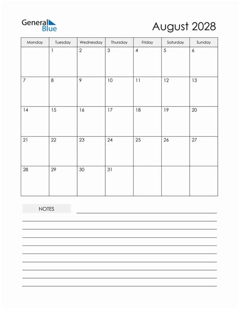 August 2028 Monthly Planner Calendar