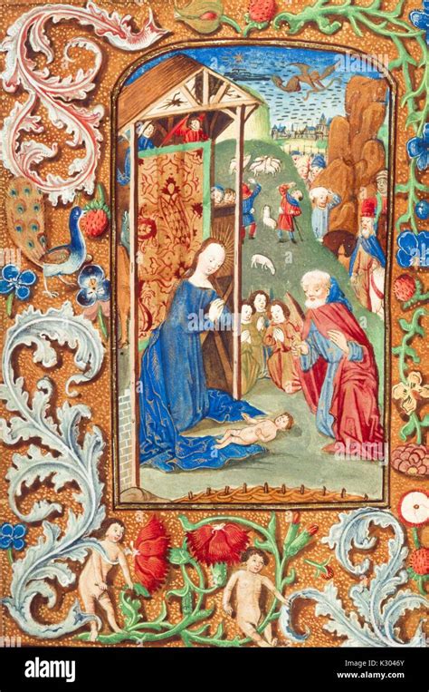 Illuminated Manuscript Page Depicting Mary Joseph And The Baby Jesus