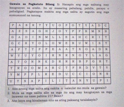 Gawain Pagkatuto Bilang 1 Hanapin Ang Mga Salitang Maykaugnayan Sa