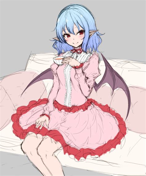 Safebooru 1girl Bangs Bat Wings Blue Hair Breasts Center Frills Choker Commentary Couch Cup