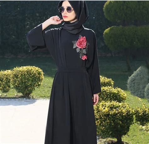 Rose Embriodery Muslim Dress Fushi Muslim Abaya Dress Black Long Sleeves Dubai Moroccan Clothes