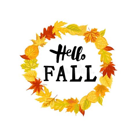 Handwritten Hello Fall With Autumn Leaves Wreath Stock Vector