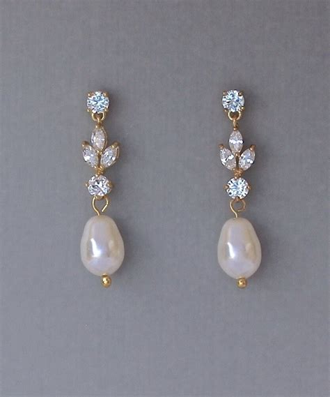 Gold Pearl Drop Bridal Earrings Dainty Crystal Pearl Wedding Etsy
