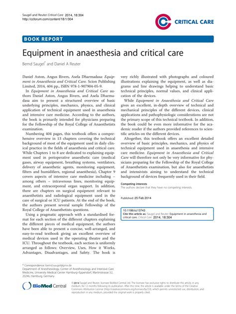 Pdf Equipment In Anaesthesia And Critical Care