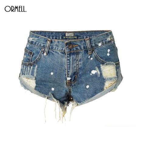Ormell Vintage Ripped Hole Fringe Blue Denim Shorts Women Casual