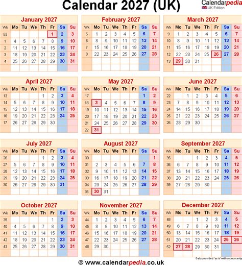 Calendar 2027 Uk With Bank Holidays And Excelpdfword Templates
