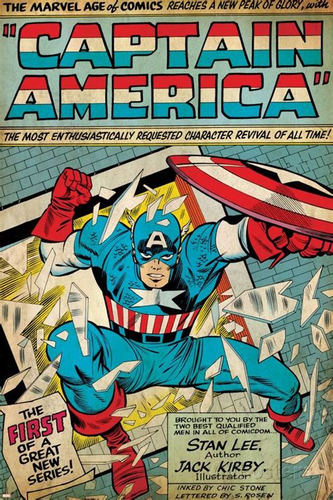 Marvel Comics Retro Captain America Comic Panel Smashing Through Window Aged Poster