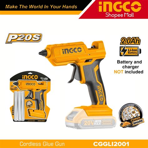 Ingco Cggli2001 20v Lithium Ion Cordless Glue Gun 100w P20s Powershare With 3pcs Glue Sticks P