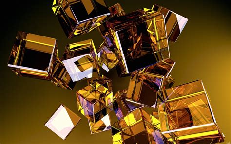 Minimalism Digital Art Abstract Geometry Gold Cube Reflection Yellow