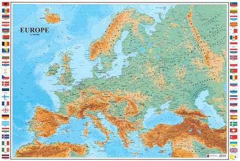 Nástenné Mapy Európa Zemepisná S Vlajkami 86x124cm Lamino Lišty