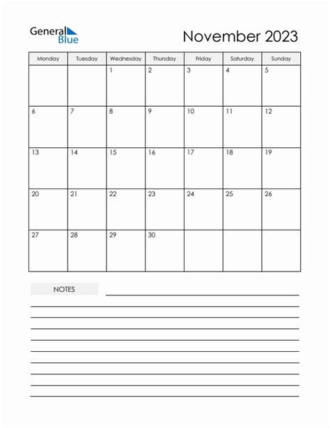 November 2023 Monthly Calendar Templates With Monday Start