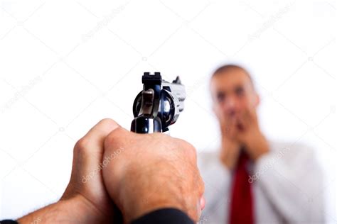 Man Point A Gun On Young Terrorized Businessman — Stock Photo