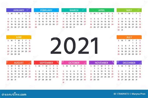 2021 Calendar Vector Illustration Template Year Planner Stock Vector