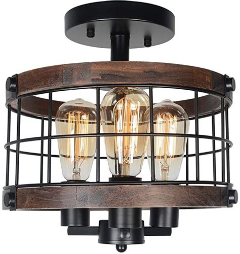 Baiwaiz Wood Rustic Ceiling Wire Cage Lighting Black Metal