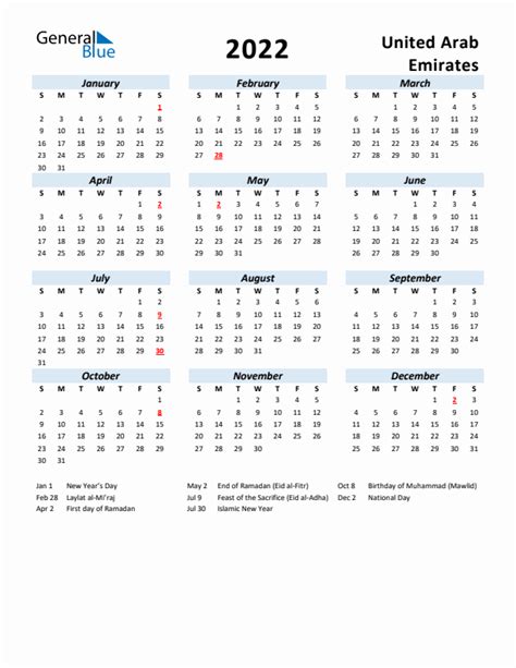 2022 United Arab Emirates Calendar With Holidays