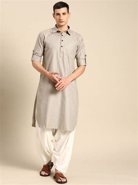 Grey Pathani Style Handloom Dobby Cotton Kurta For Men Online Color