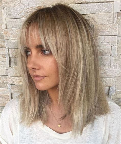 Lob With Face Frame Layers And Bangs Medium Hair Styles Blonde Hair