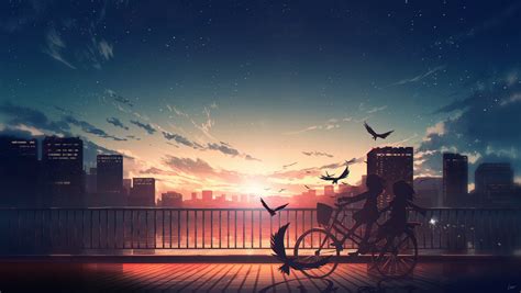 Sky Clouds Horizon Cityscape Sunset Bicycle Anime Girls Huashijw